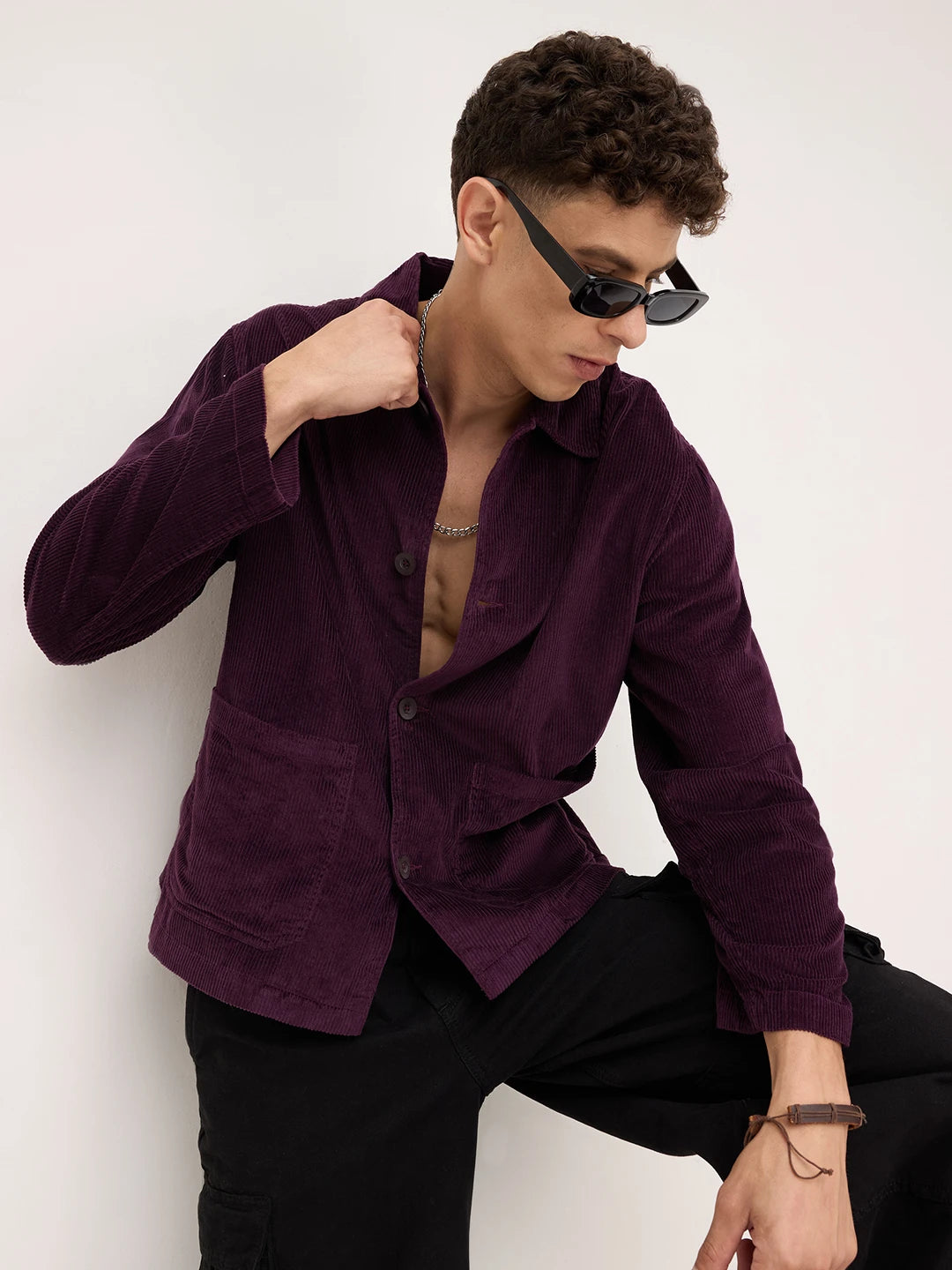 Exquisite Wine Corduroy Double Pocket Oversized Shacket