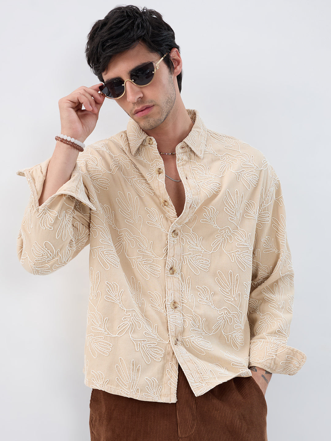 Denim Bisque Beige Artistic Embroidered Boxy Fit Crop Shirt