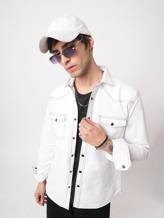 Solid White Double Flap Pocket Overshirt