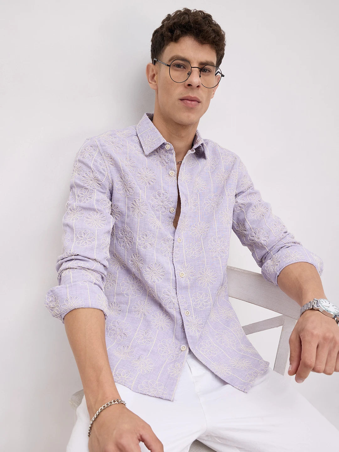 Soft Lilac Floral Embroidered Slub Shirt