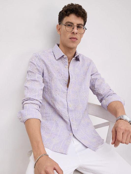 Soft Lilac Floral Embroidered Slub Shirt