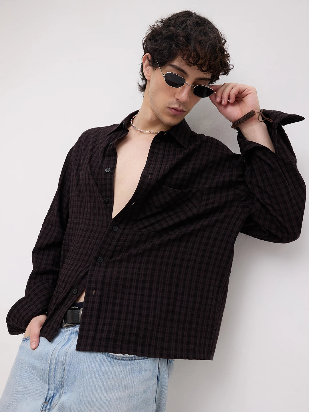 Rick Black Plaid Checks Boxy Fit Crop Shirt