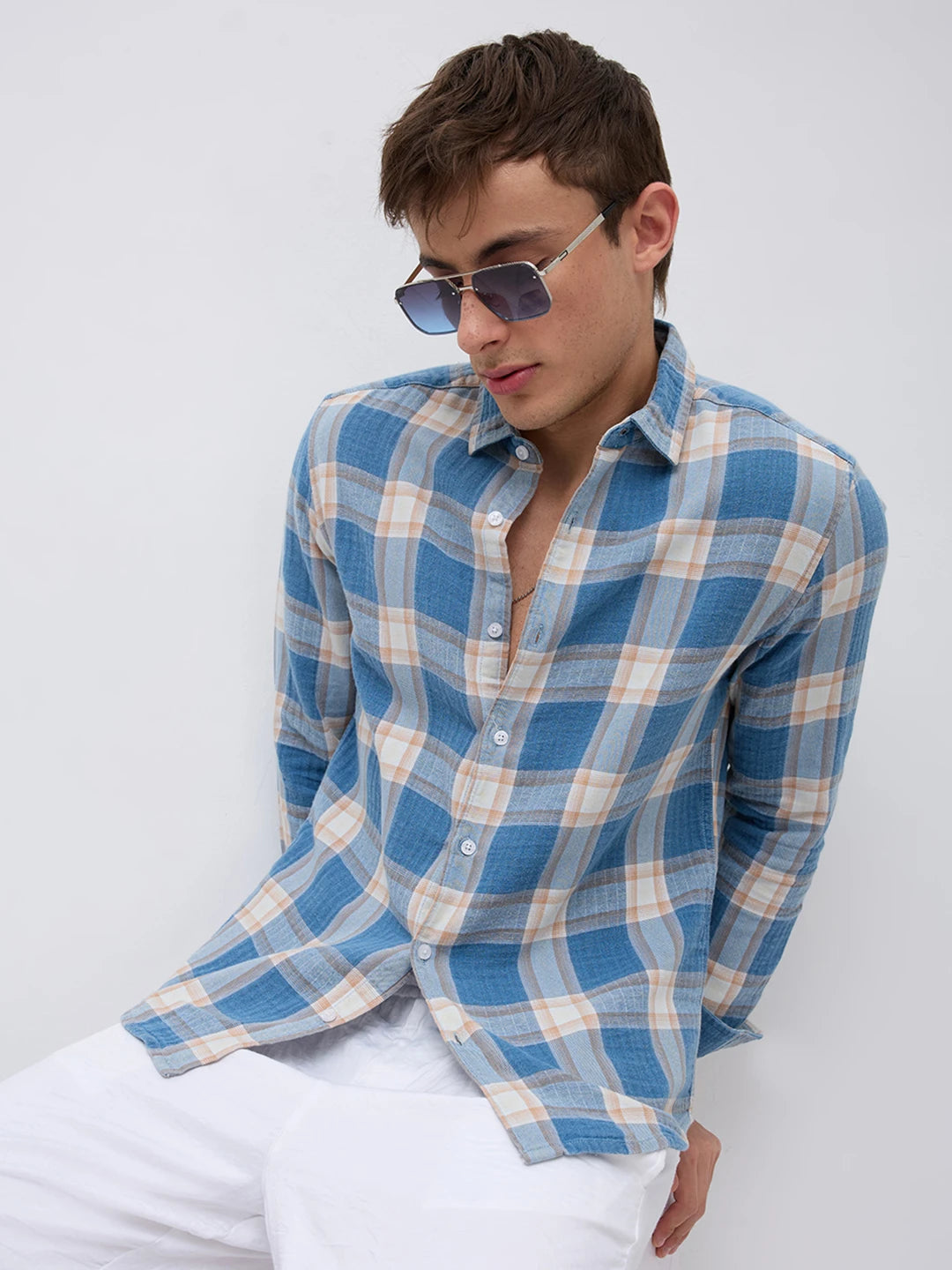Denim Blue & Beige Tartan Checked Shirt