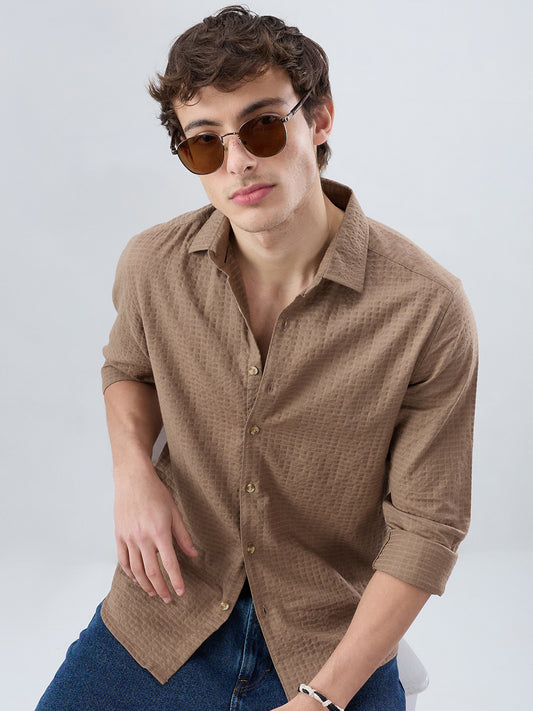 Mocha Brown Box Checks Embossed Double Cloth Shirt