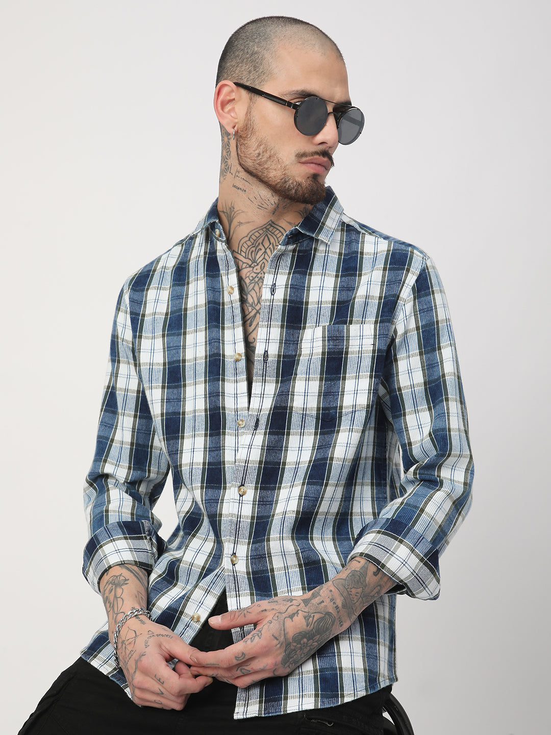 Denim Olive & Navy Plaid Checks Shirt