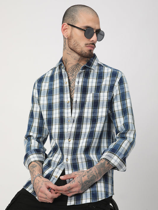 Denim Olive & Navy Plaid Checks Shirt