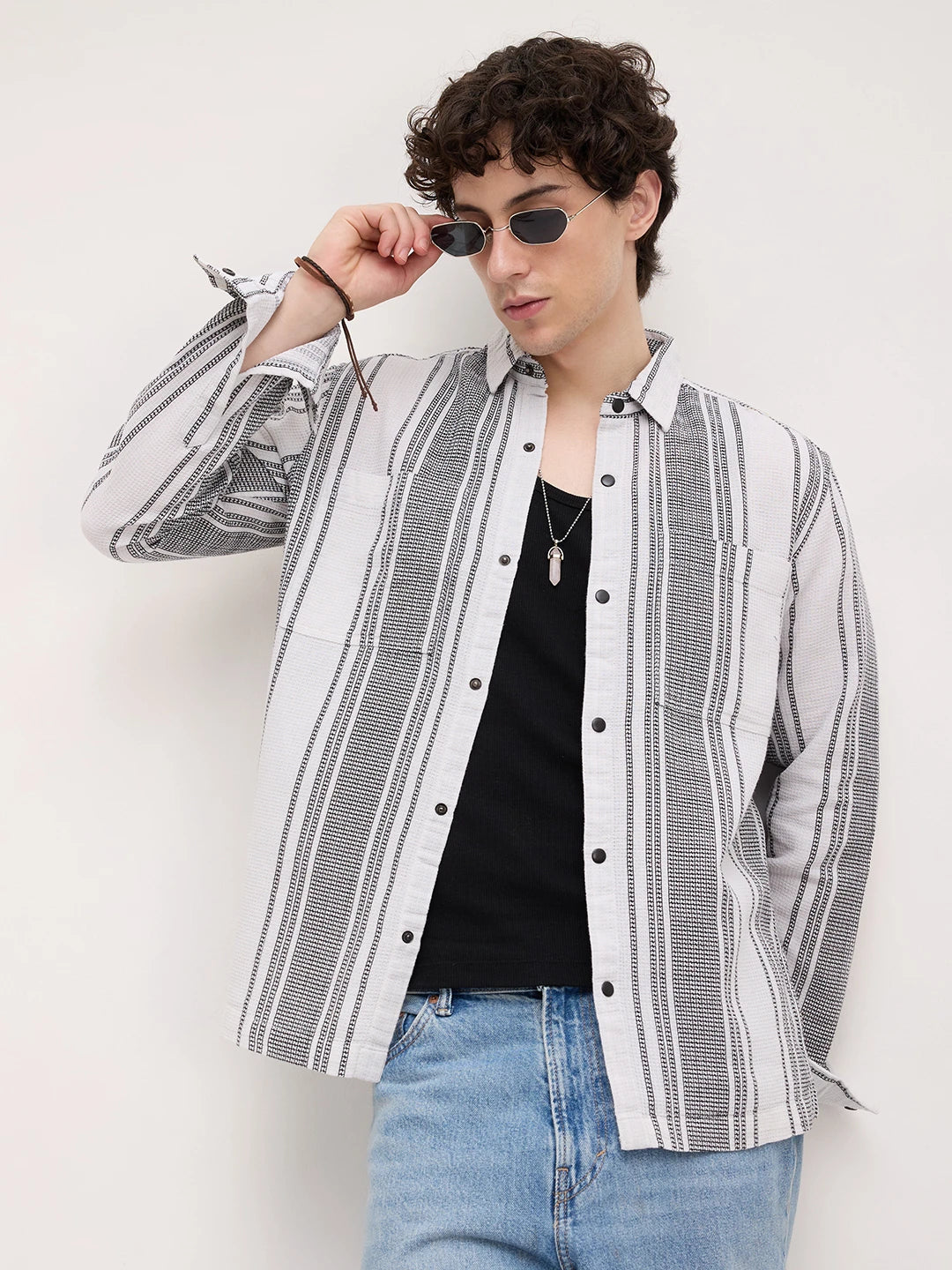 Refined White Double Pocket Waffle Striped Shirt