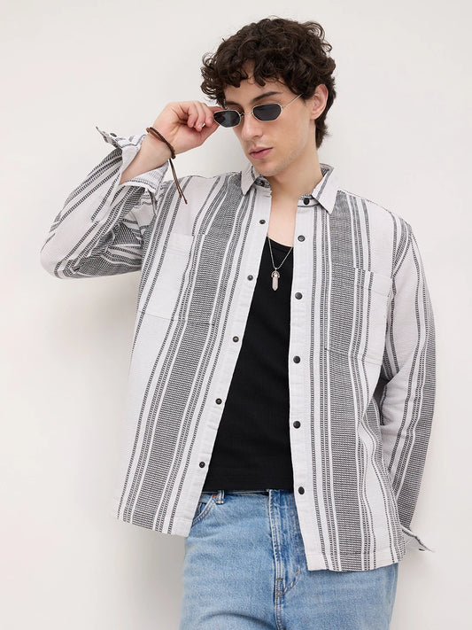 Refined White Double Pocket Waffle Striped Shirt