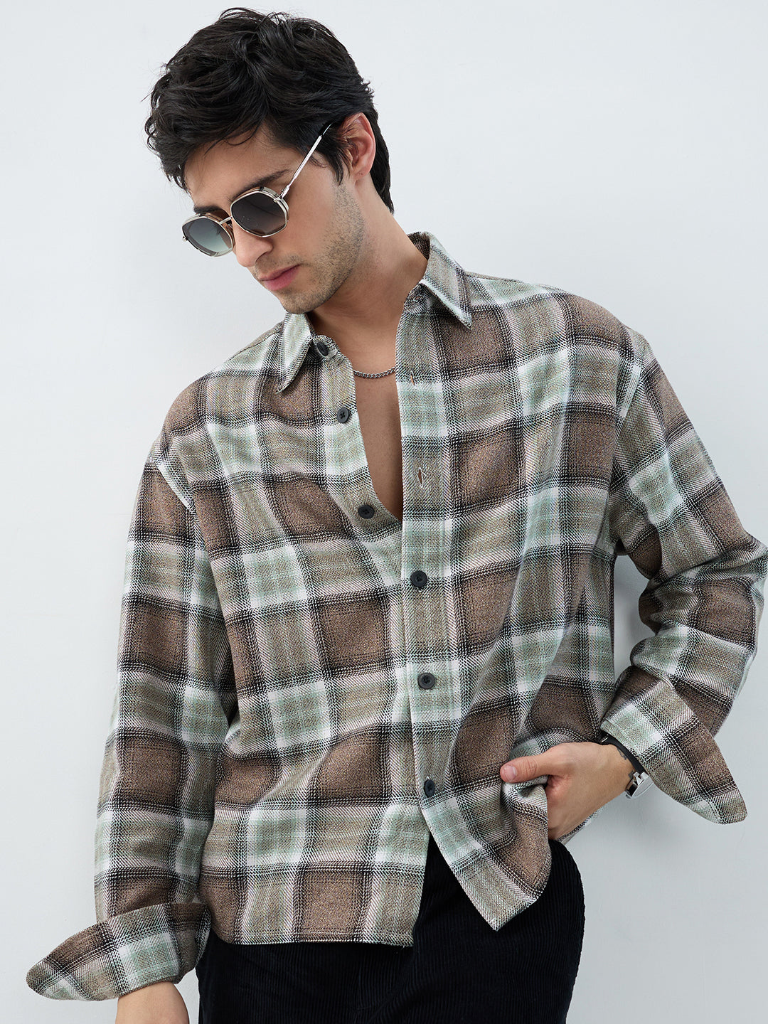 Brown & Olive Retro Contrast Checks Boxy Fit Crop Shirt