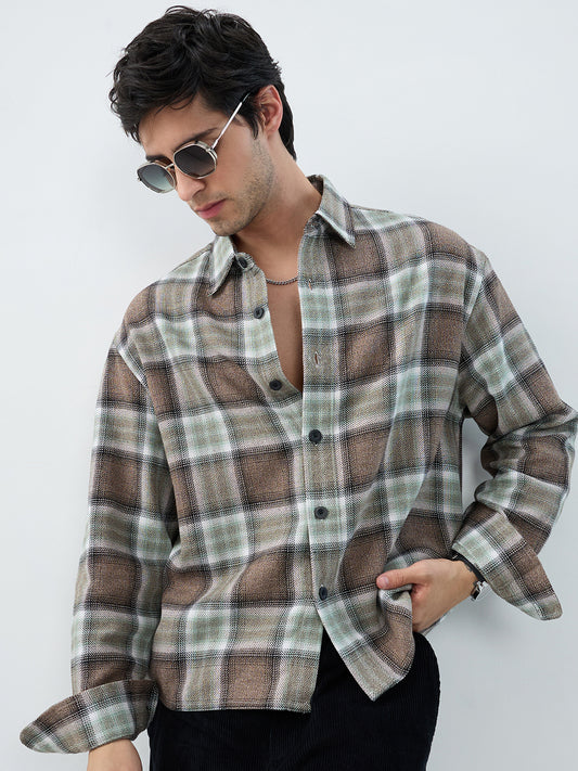 Brown & Olive Retro Contrast Checks Boxy Fit Crop Shirt