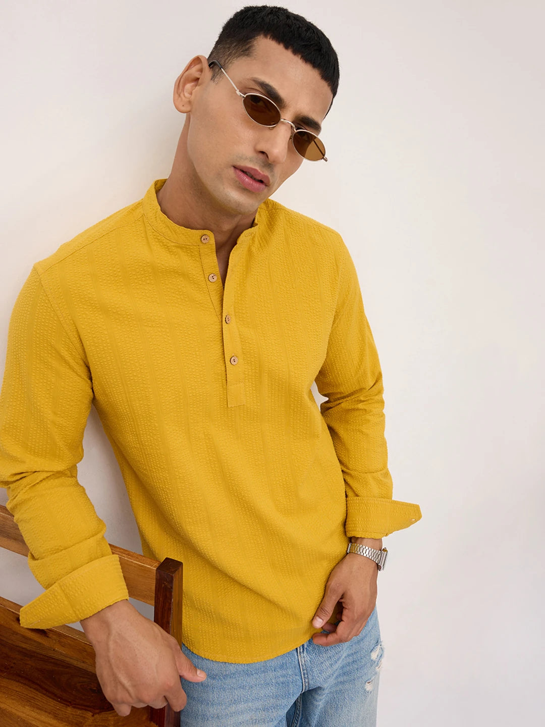 Luxe Mustard Yellow Seersucker Striped Kurta