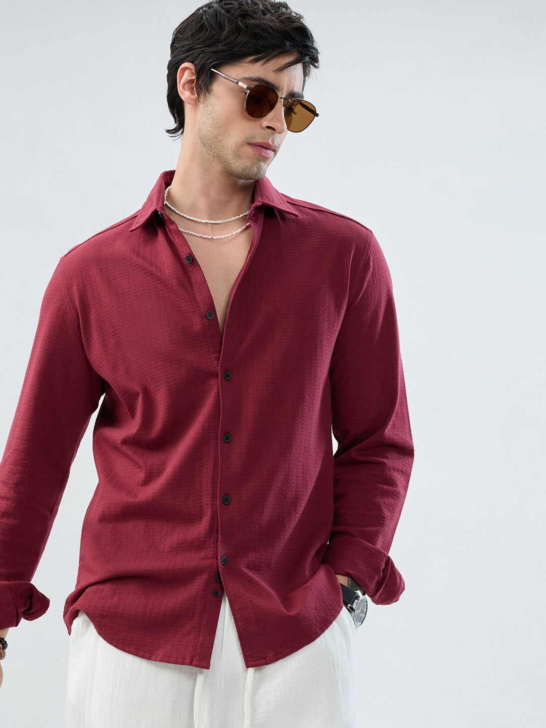 Berry Red Subtle Textured Knit Shirt