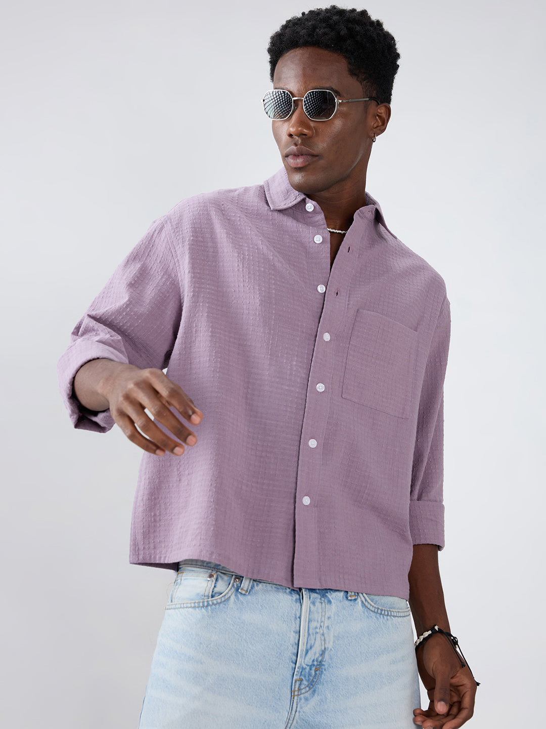 Soft Mauve Micro Grid Jacquard Weave Boxy Fit Crop Shirt