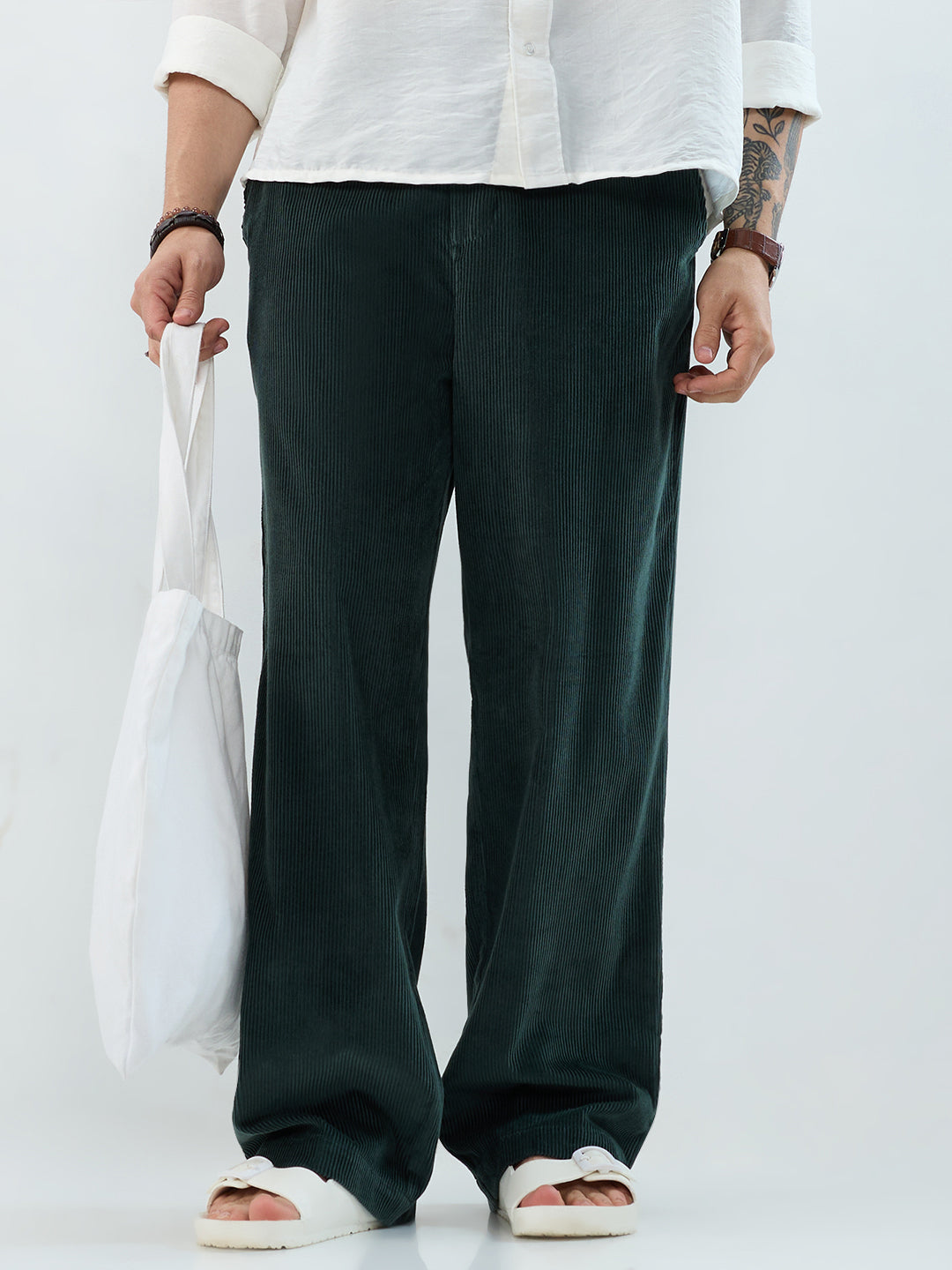 Sacremento Green Corduroy Straight-Fit Trousers