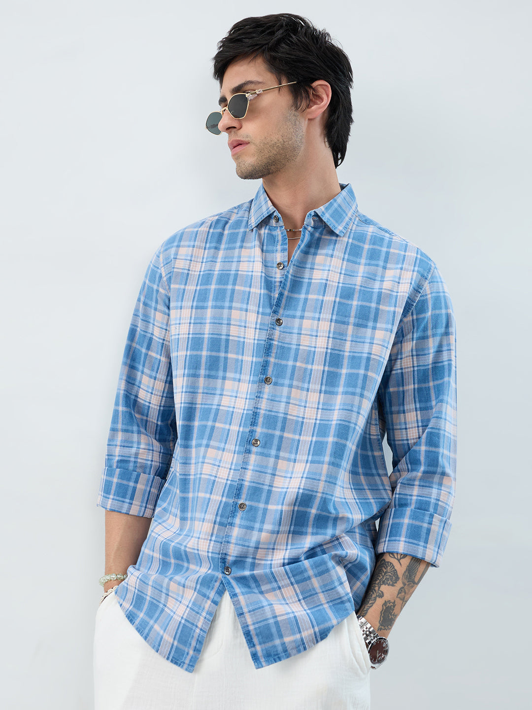 Denim Blue & Peach Plaid Checks Shirt