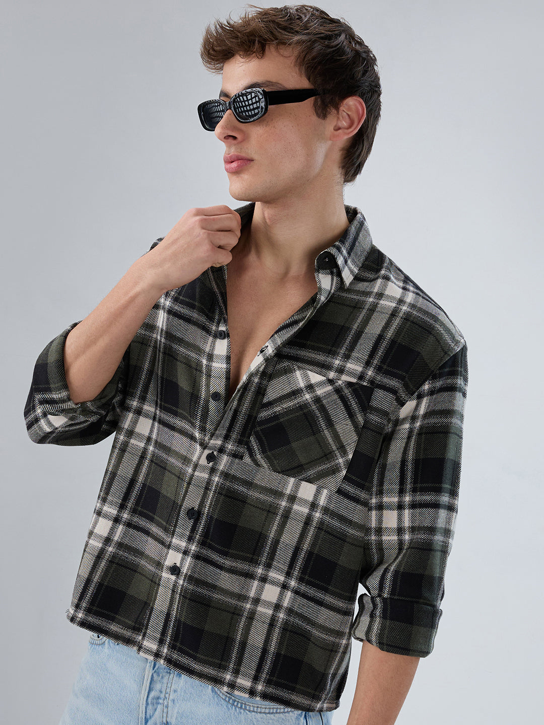 Olive & Black Plaid Checks Boxy Fit Crop Shirt