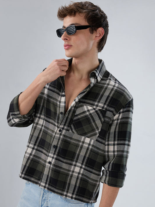 Olive & Black Plaid Checks Boxy Fit Crop Shirt