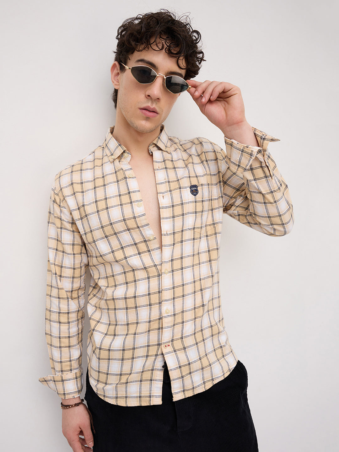 Neutral Beige & Black Windowpane Checks Shirt