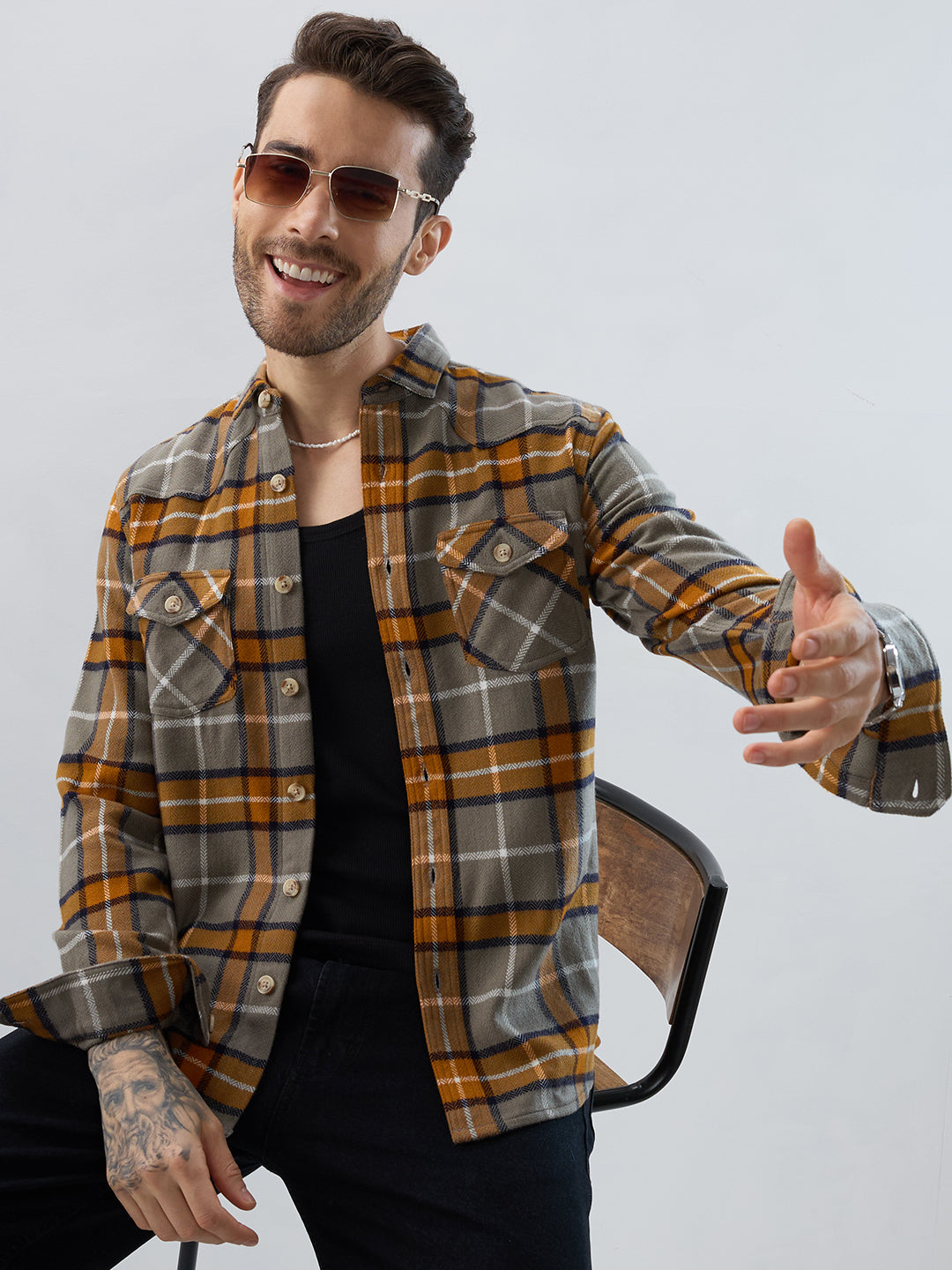 Mustard & Grey Tartan Checked Double Pocket Flannel