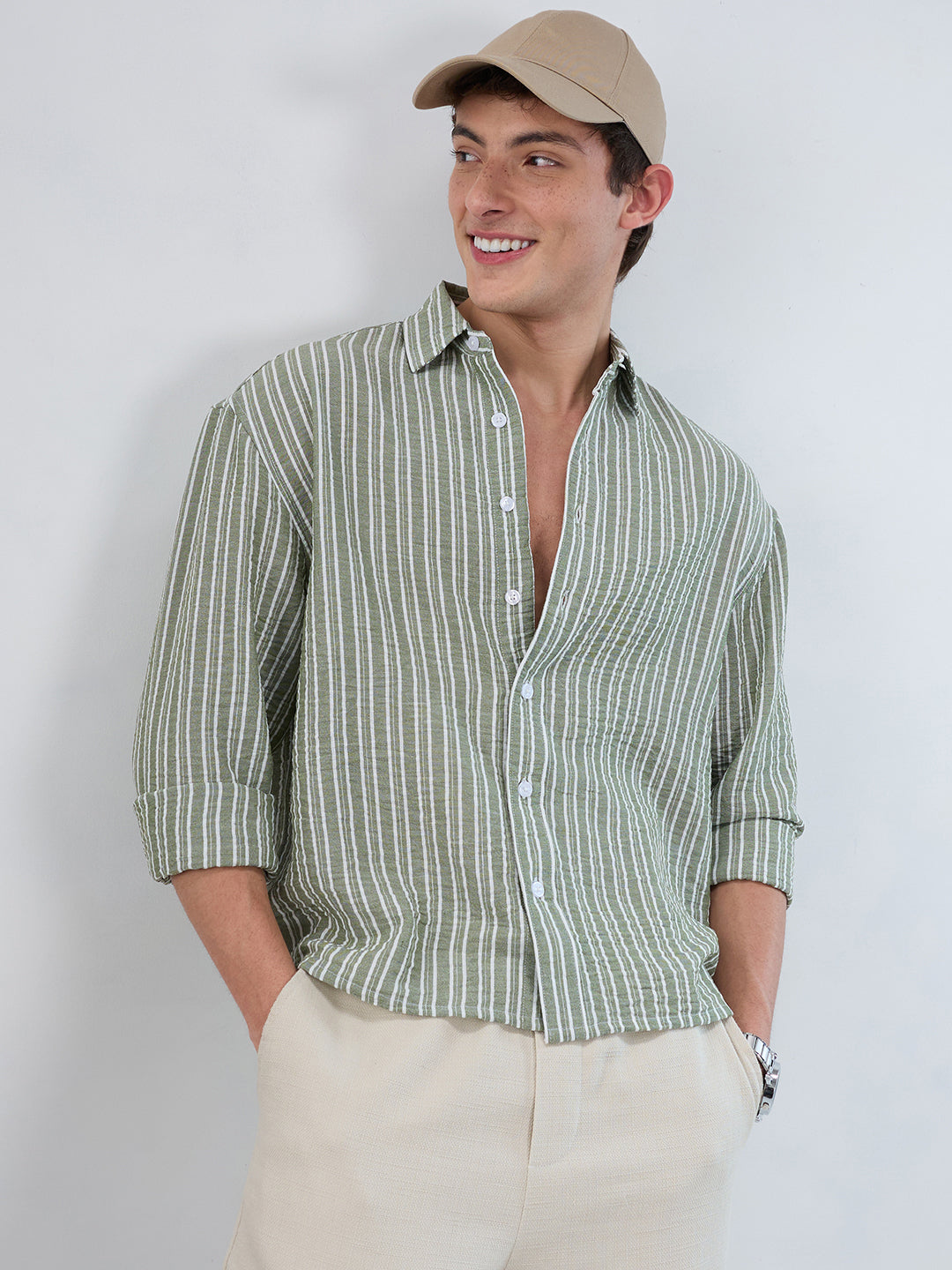 Moss Green Linear Striped Lightweight Crinkled Boxy Fit Crop Shirt