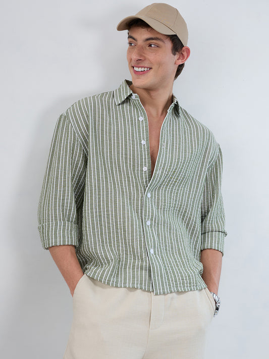 Moss Green Linear Striped Lightweight Crinkled Boxy Fit Crop Shirt