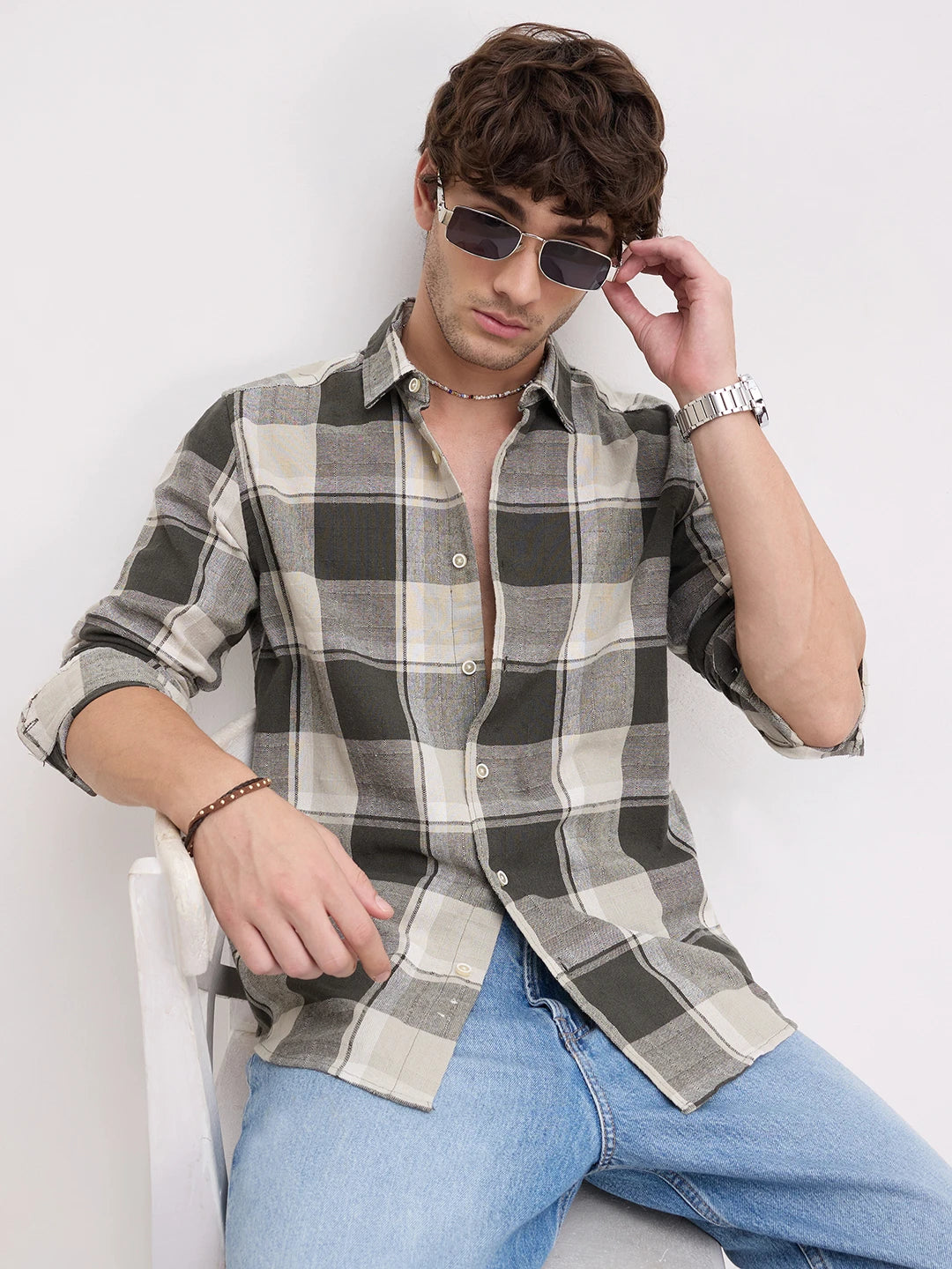 Dark Army Green Windowpane Checks Shirt
