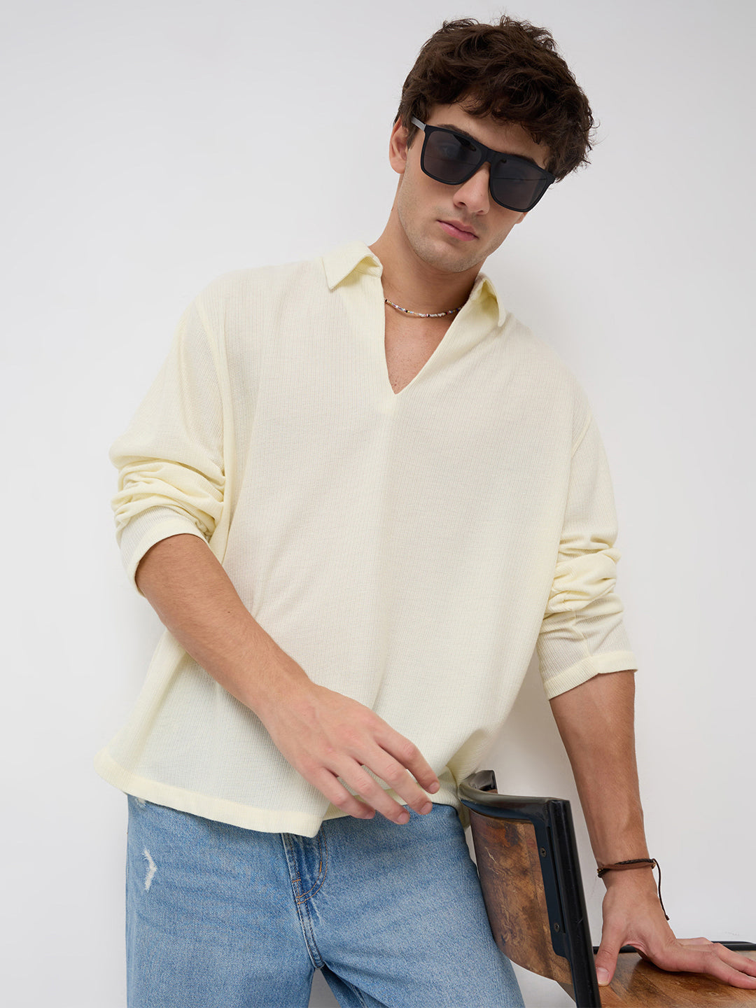 Butter Yellow Micro Weave Knitted Oversized Polo Shirt