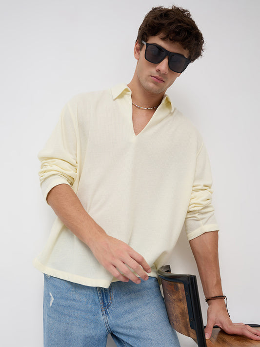 Butter Yellow Micro Weave Knitted Oversized Polo Shirt