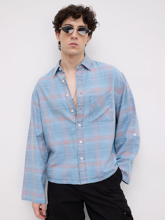 Denim Contrast Square Checks Cuffless Oversized Crop Shirt