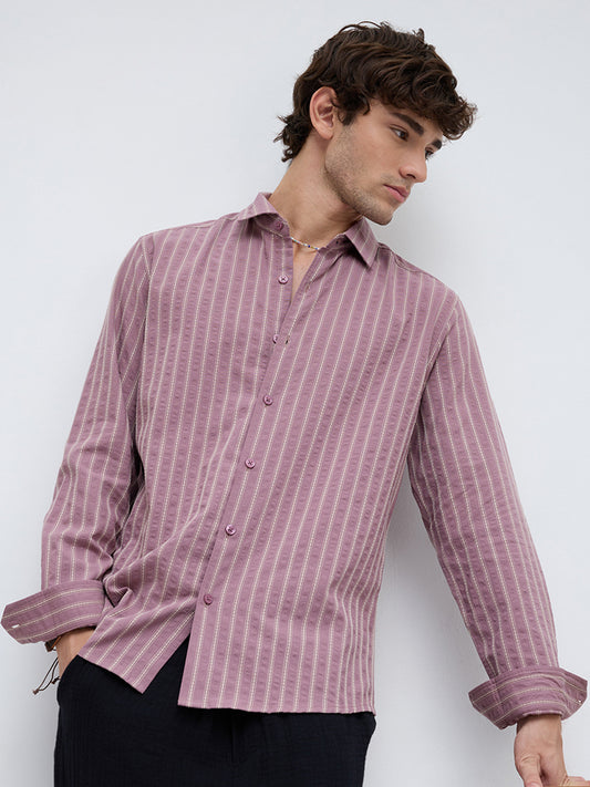Luxe Raspberry Seersucker Glace Motif Contrast Embroidered Shirt
