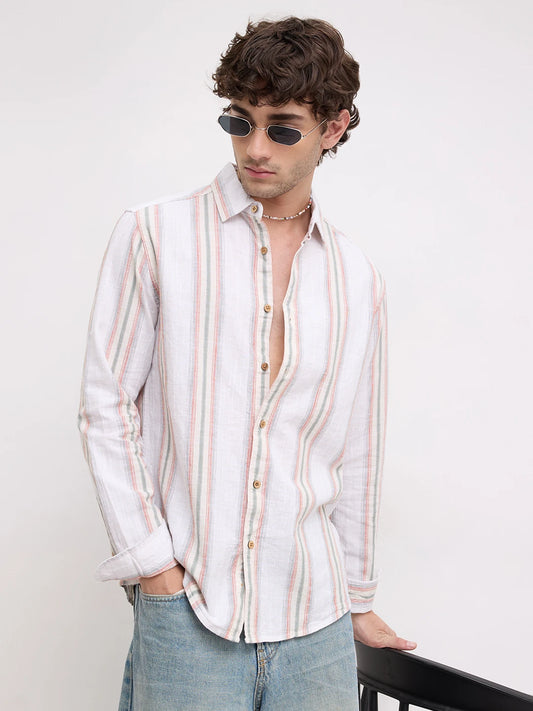 Olive Multi Striped Slub Textured Shirt