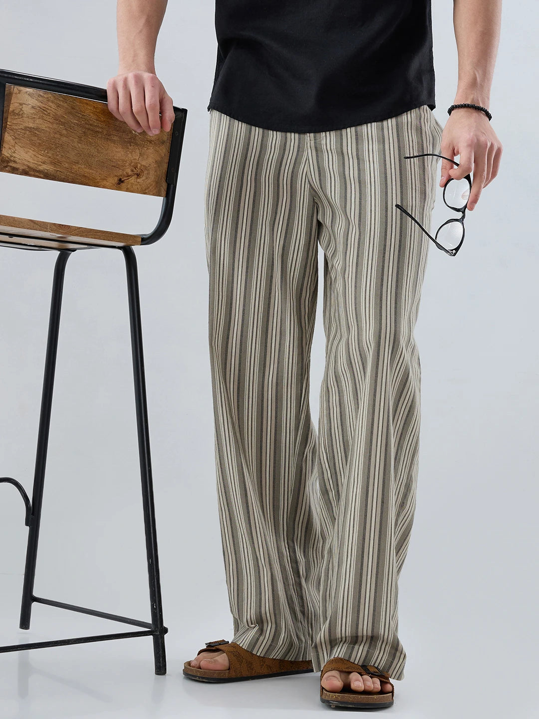Olive Contrast Striped Wide Leg Trousers