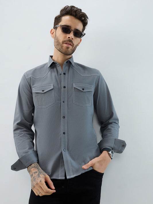 Metallic Grey Contrast Stitch Double Pocket Overshirt