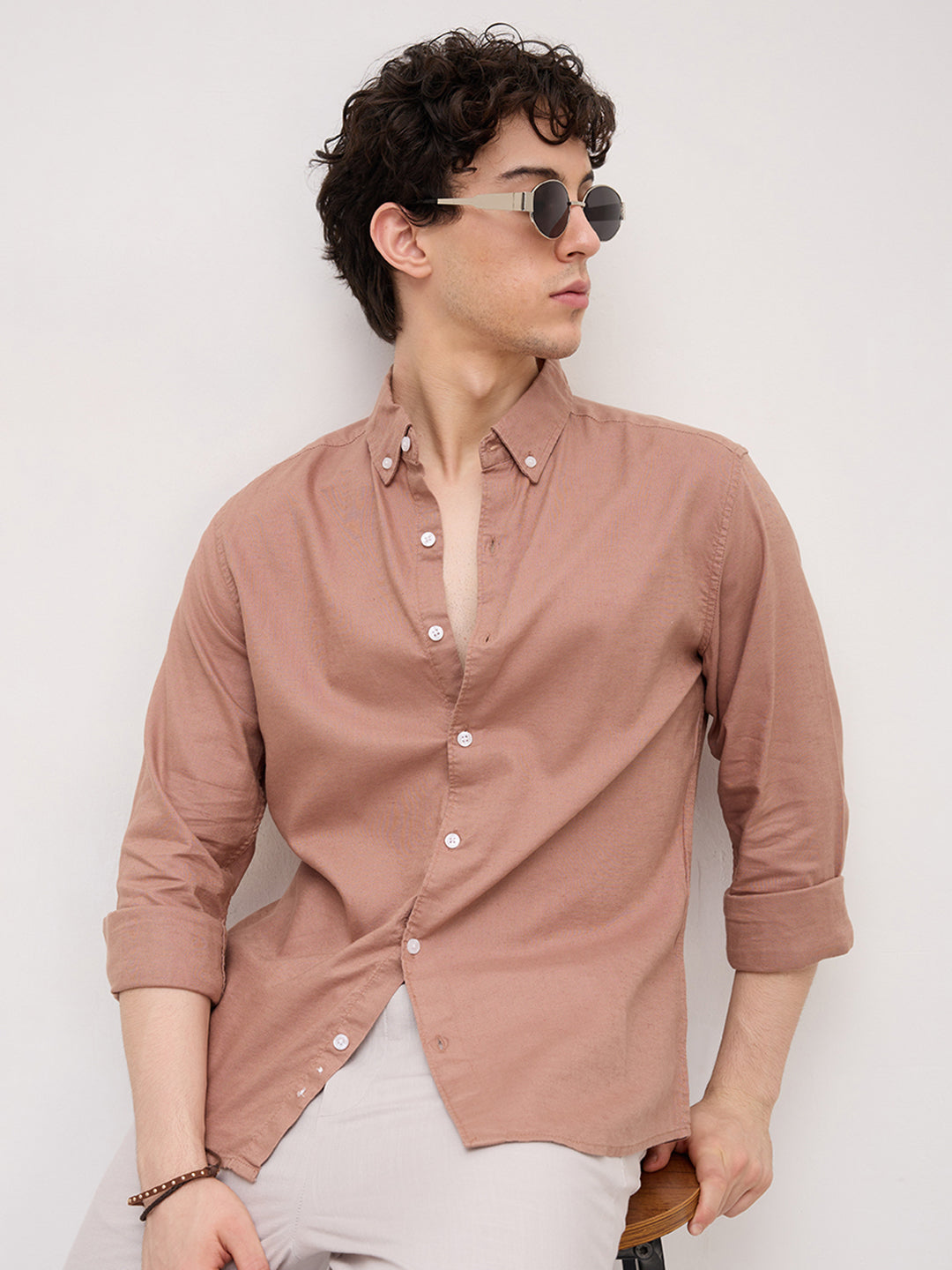 Creamy Coral Peach Button-Down Collar Linen Blend Business Shirt