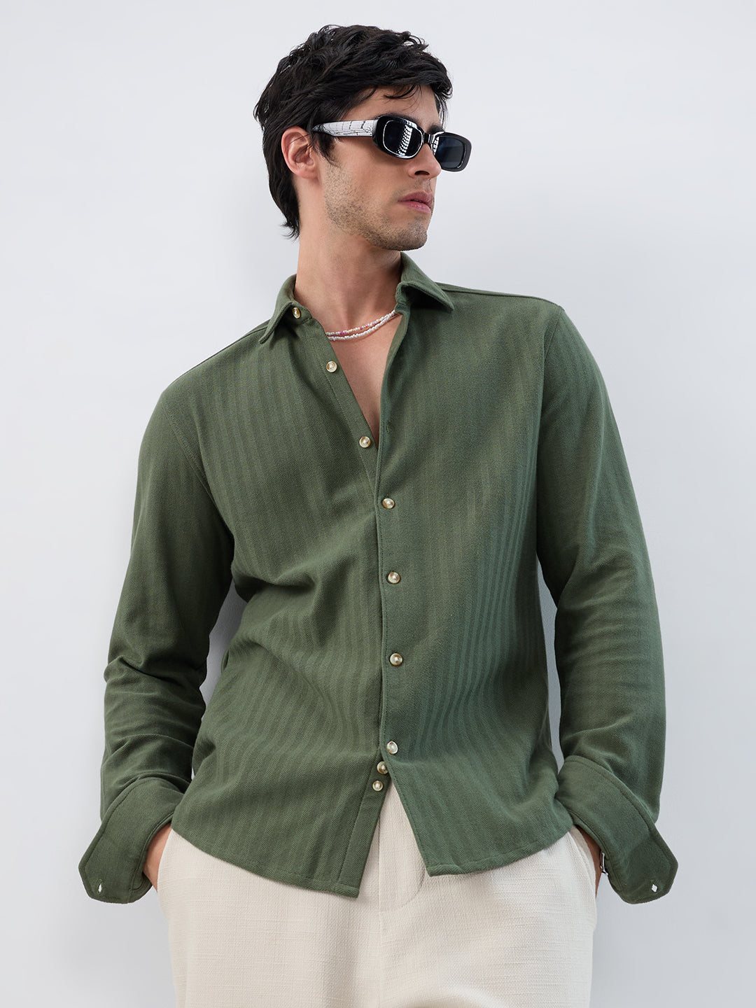 Olive Herringbone Textured Knitted Shirt