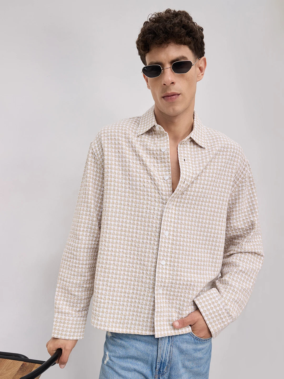 Beige Mosaic Textured Boxy Fit Crop Shirt