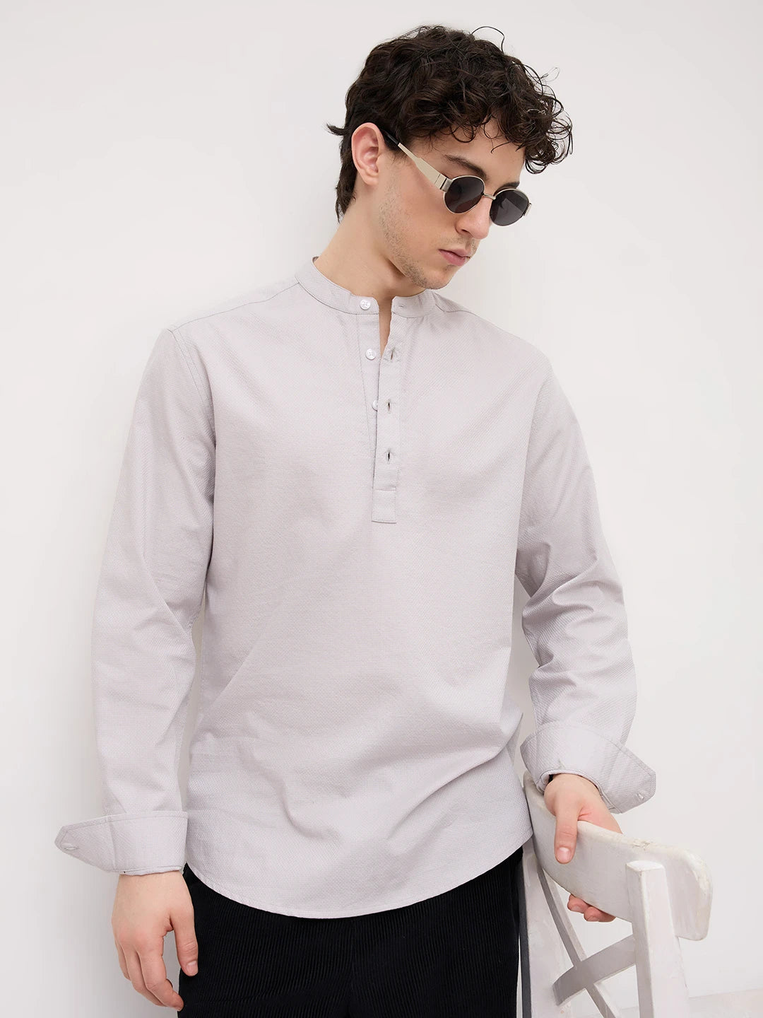 Grey Micro Basket Weave Kurta