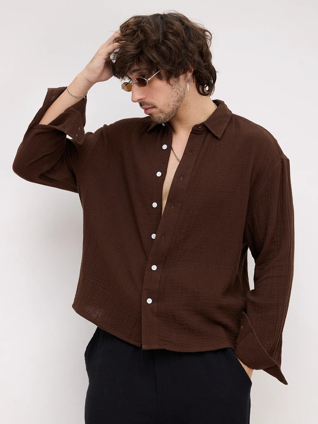 Timeless Brown Double Cloth Boxy Fit Crop Shirt