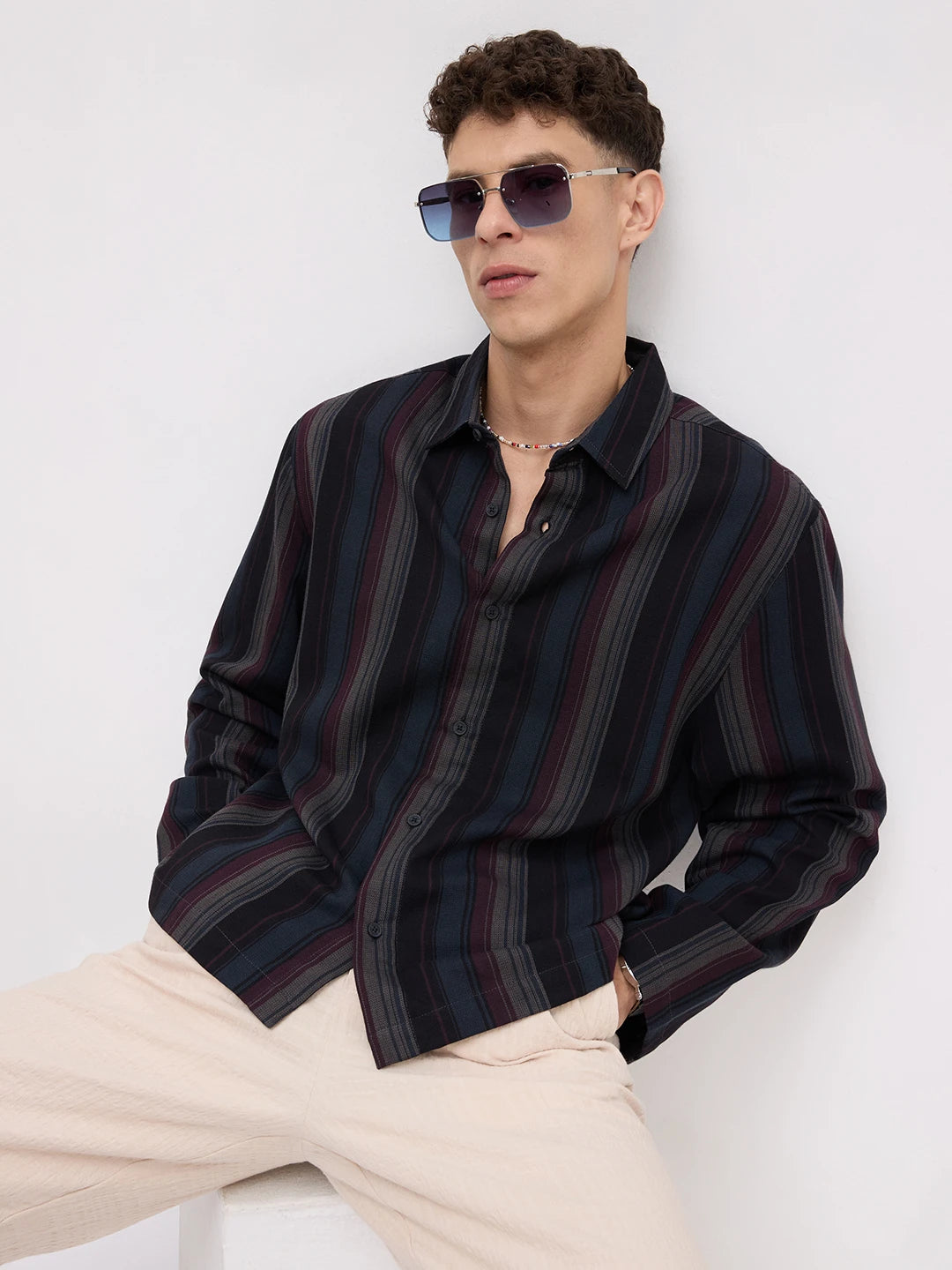 Luxe Multi-Striped Cuffless Oversized Shirt