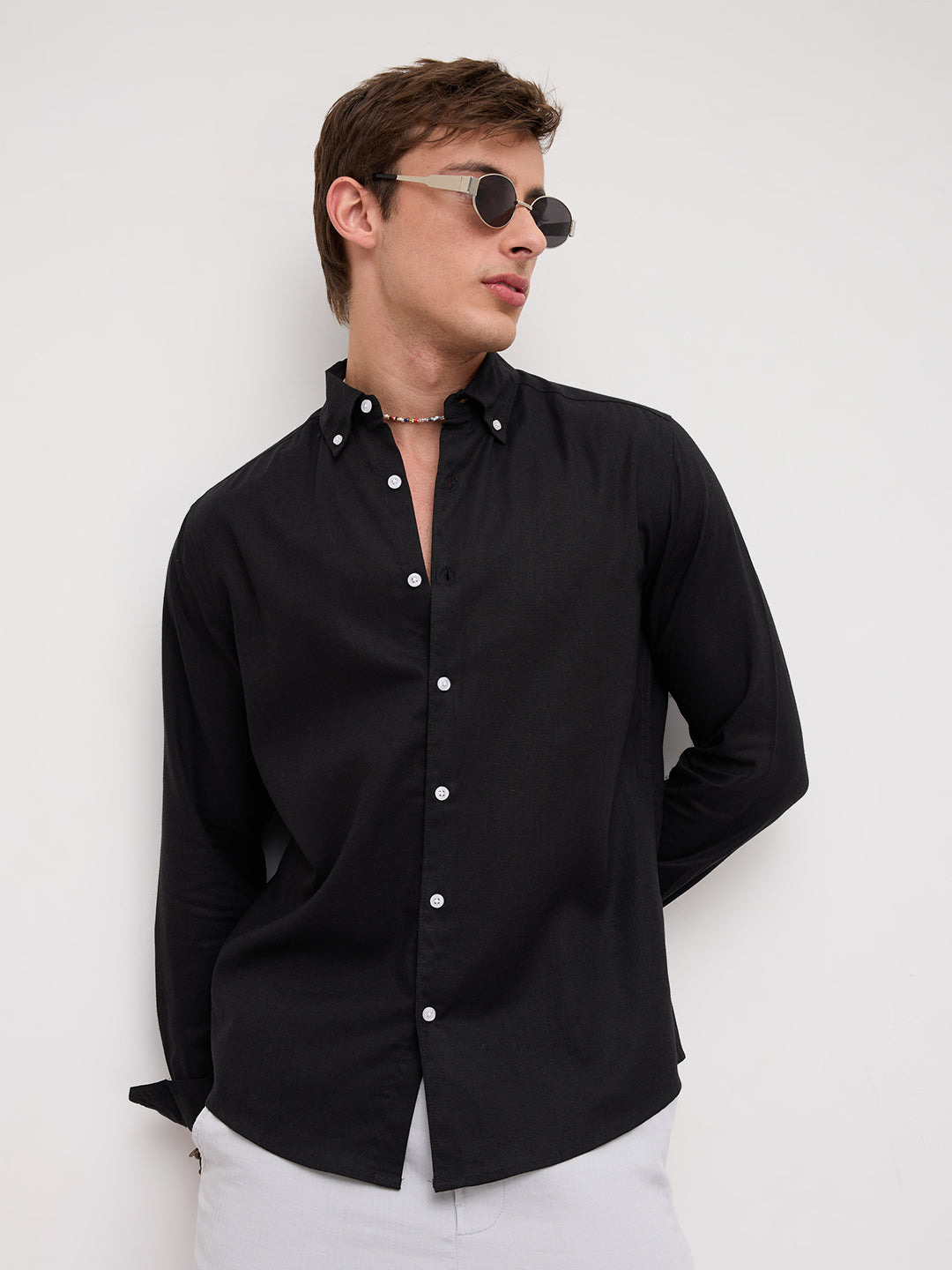 Luxe Black Button-Down Collar Linen Blend Shirt