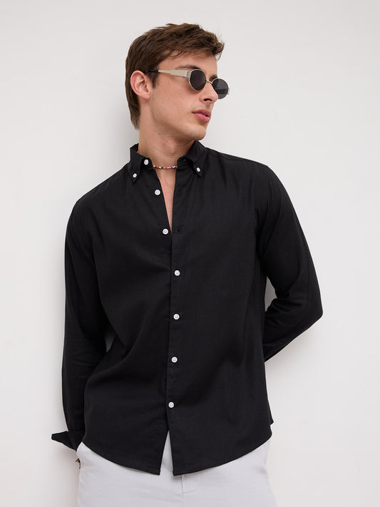 Luxe Black Button-Down Collar Linen Blend Shirt