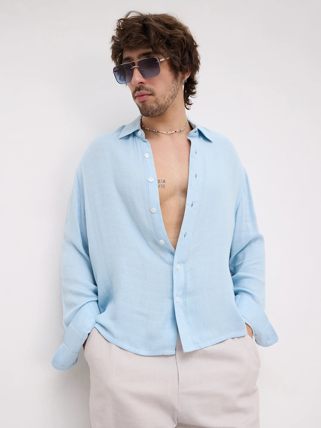 Plush Artic Blue Airloom Double Cloth Boxy Fit Crop Shirt