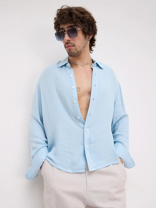 Plush Artic Blue Airloom Double Cloth Boxy Fit Crop Shirt