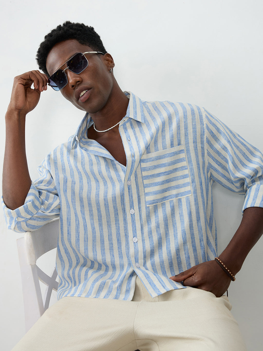 Blue & Off-White Striped Boxy Fit Crop Shirt