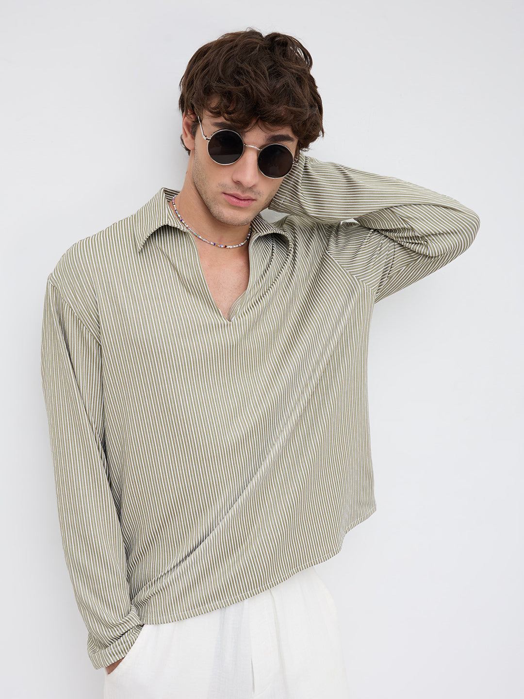 Classic Green Rib Striped Oversized Polo Shirt