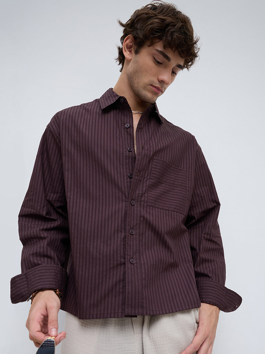 Plush Brunette Brown Subtle Striped Boxy Fit Crop Shirt