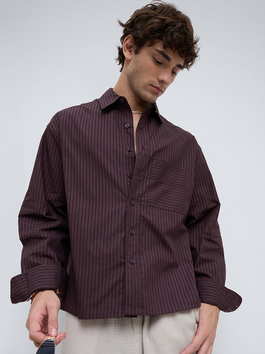 Plush Brunette Brown Subtle Striped Boxy Fit Crop Shirt