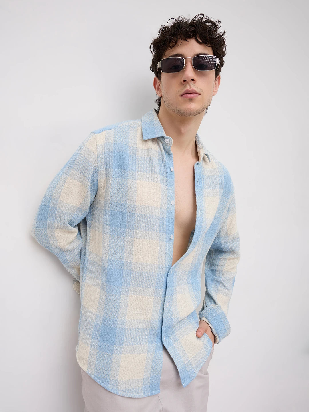 Blue Interlock Weave Plaid Checks Shirt