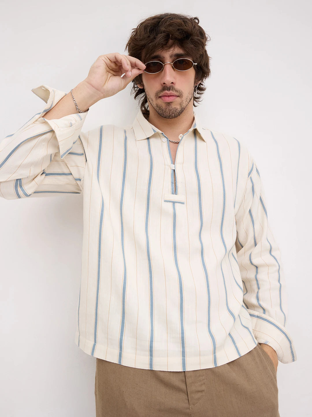 Mediterranean Ivory Blue Multi Striped Loop Button Oversized Shirt