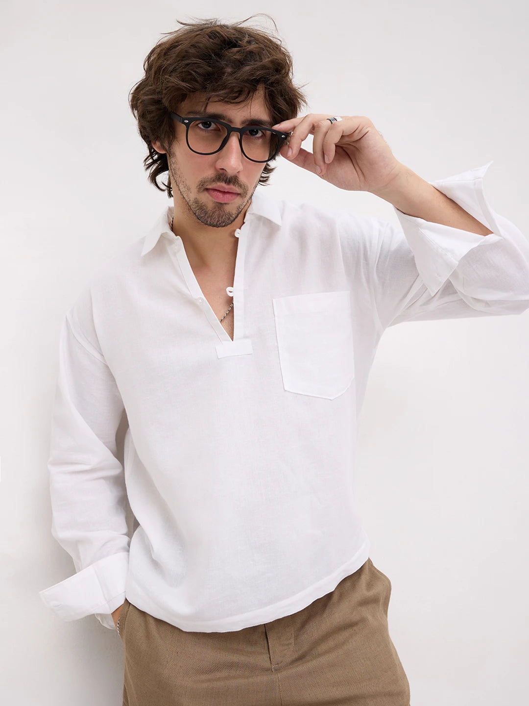 Frost White Sheer Textured Linen Blend Loop Button Oversized Shirt